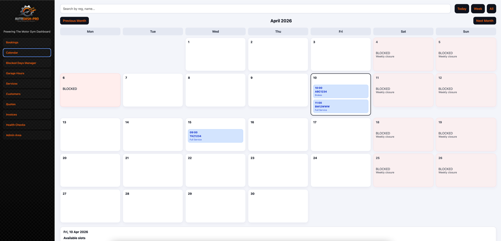 AutoDash-Pro garage dashboard showing bookings, calendar, workflow, and customer management
